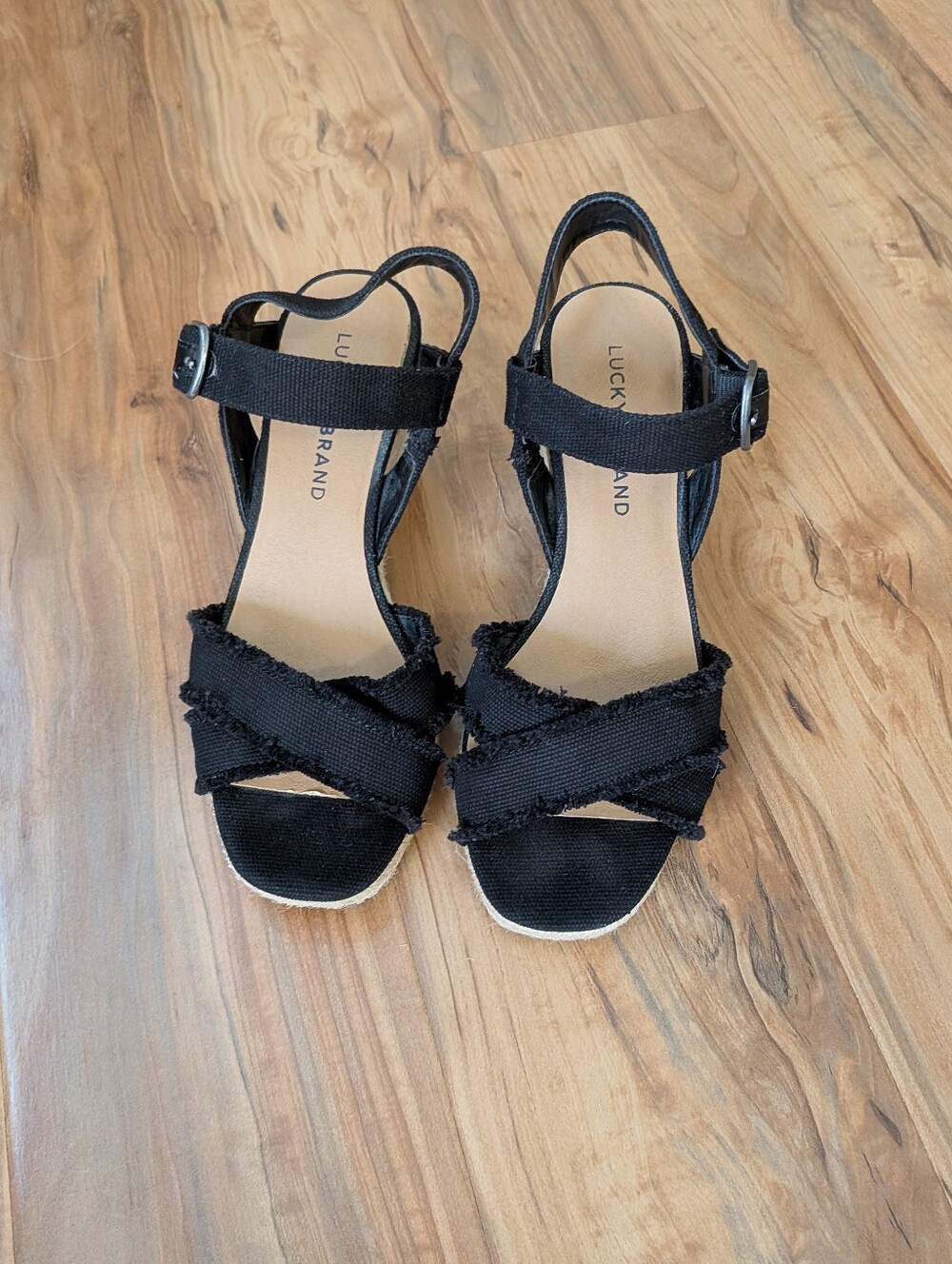 Lucky Brand Margaline Black Canvas Espadrille Wedge Sandals - Size 6